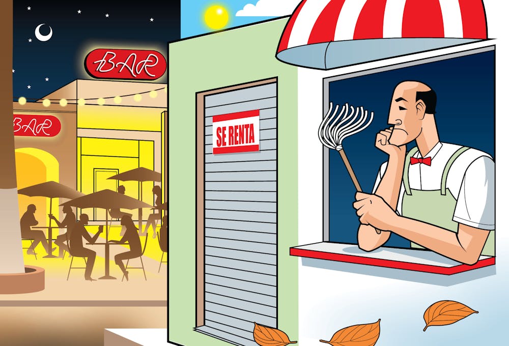 Un comerciante en el día sin comensales, mientras que en la noche los bares están llenos