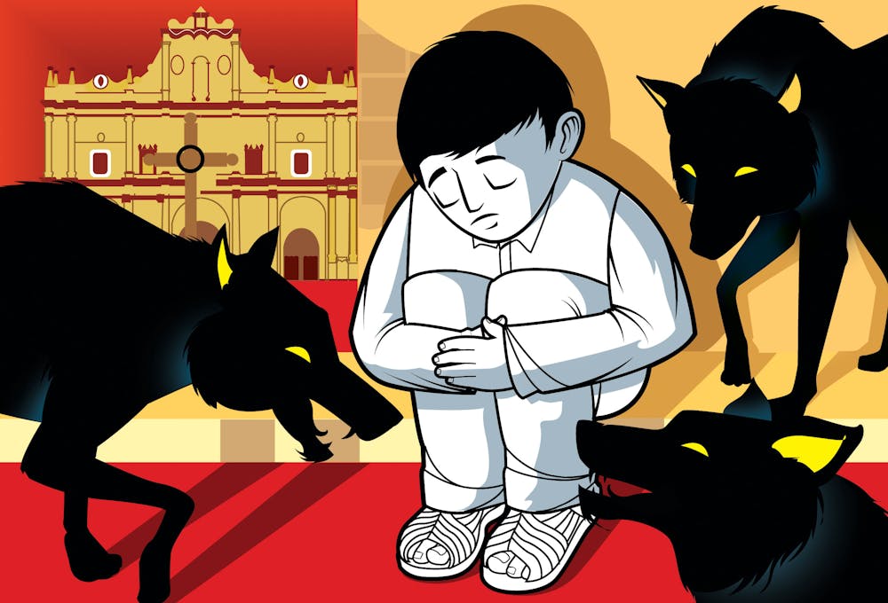 ilustracion de niño amenazado por lobos