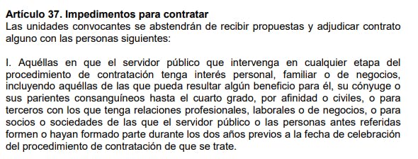 Artículo 37 de la Ley de Adquisiciones, Arrendamientos y Contratación de Servicios del Estado de Nuevo León habla sobre cuando no se debe contratar a una empresa